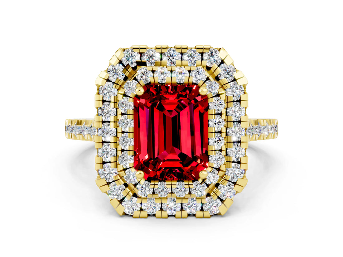 Yellow gold Double Halo Emerald Cut Ruby Pavé Band with Four-Prong Setting