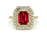 Yellow gold Double Halo Emerald Cut Ruby Pavé Band with Four-Prong Setting