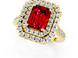 Yellow gold Double Halo Emerald Cut Ruby Pavé Band with Four-Prong Setting_1