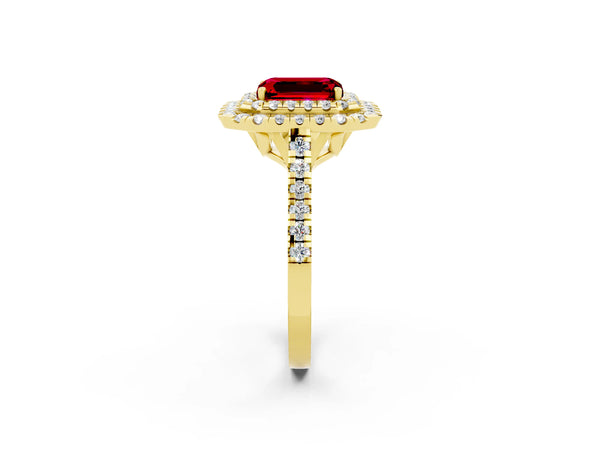 Yellow gold Double Halo Emerald Cut Ruby Pavé Band with Four-Prong Setting