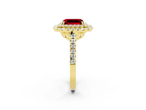Yellow gold Double Halo Emerald Cut Ruby Pavé Band with Four-Prong Setting_2