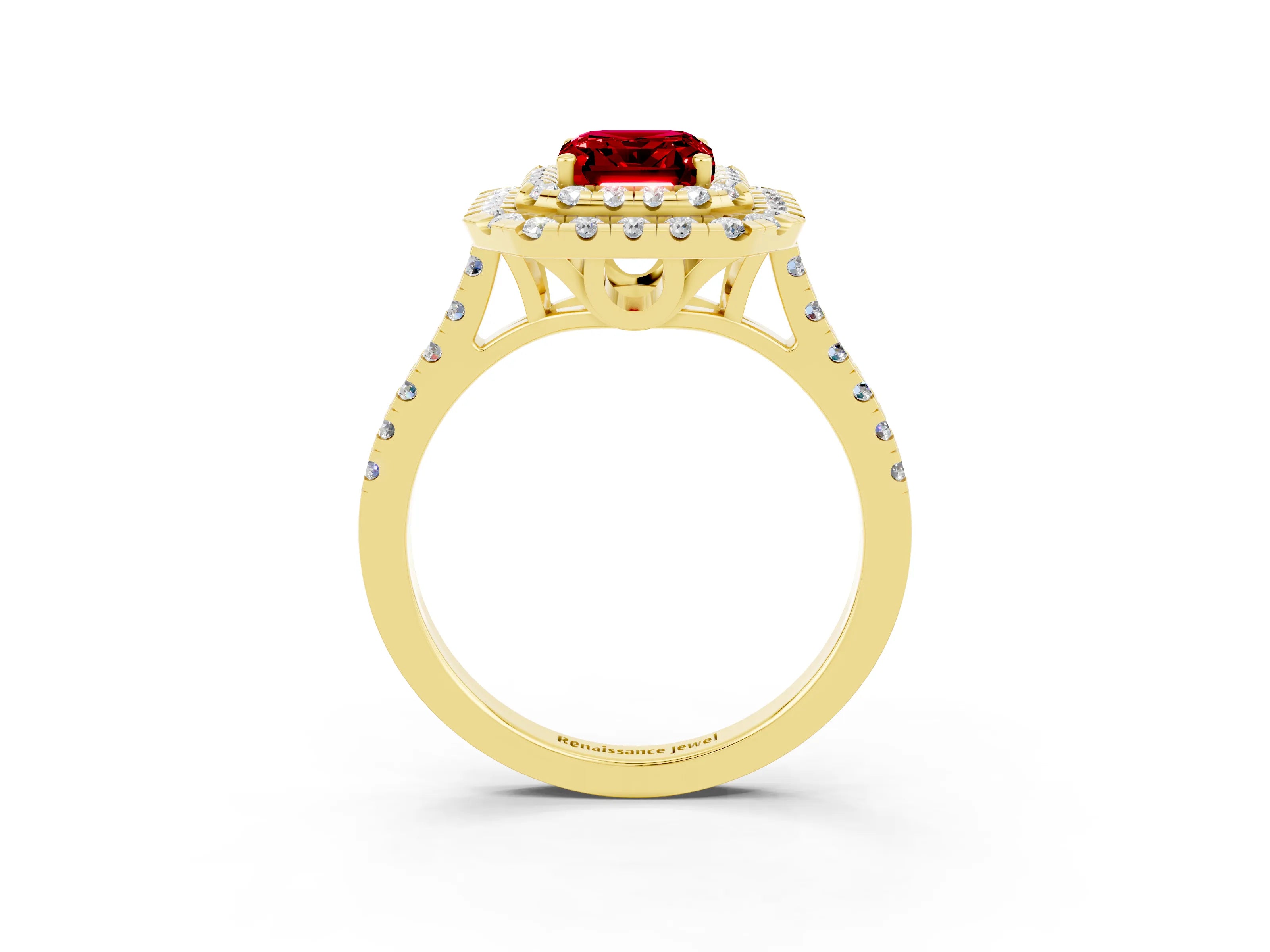 Yellow gold Double Halo Emerald Cut Ruby Pavé Band with Four-Prong Setting_3