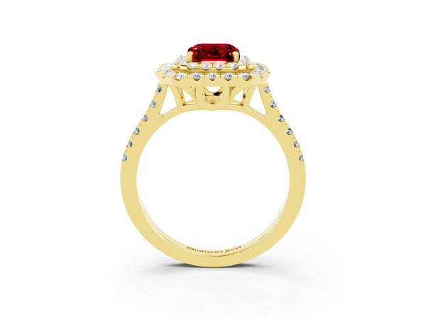 Yellow gold Double Halo Emerald Cut Ruby Pavé Band with Four-Prong Setting