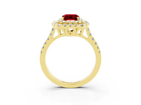 Yellow gold Double Halo Emerald Cut Ruby Pavé Band with Four-Prong Setting_3