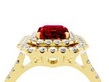 Yellow gold Double Halo Emerald Cut Ruby Pavé Band with Four-Prong Setting_4