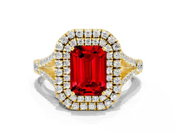 Yellow gold Double Halo Emerald Cut Ruby Pavé Split Shank Ring with Prong Setting