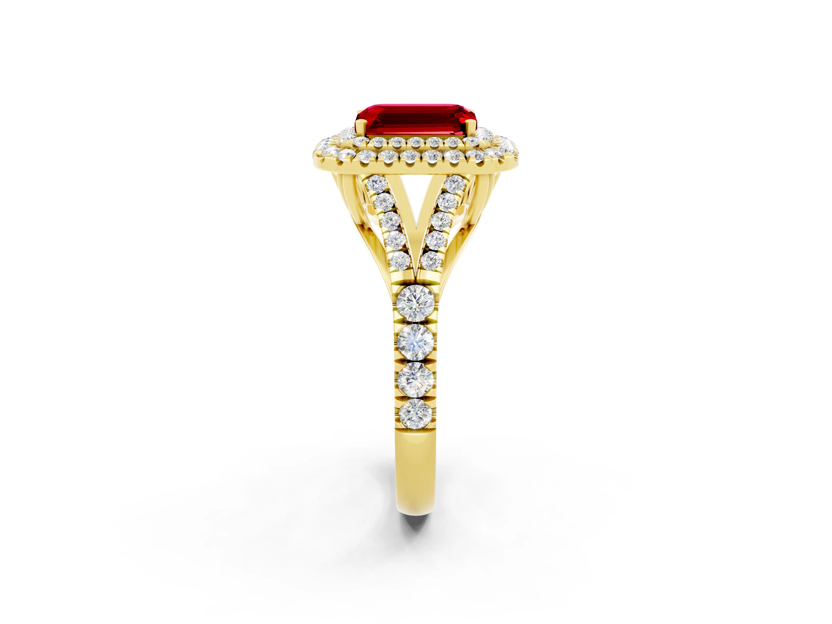 Yellow gold Double Halo Emerald Cut Ruby Pavé Split Shank Ring with Prong Setting_2