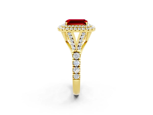 Yellow gold Double Halo Emerald Cut Ruby Pavé Split Shank Ring with Prong Setting