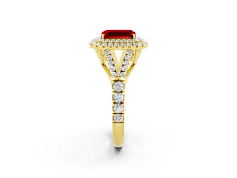 Yellow gold Double Halo Emerald Cut Ruby Pavé Split Shank Ring with Prong Setting_2