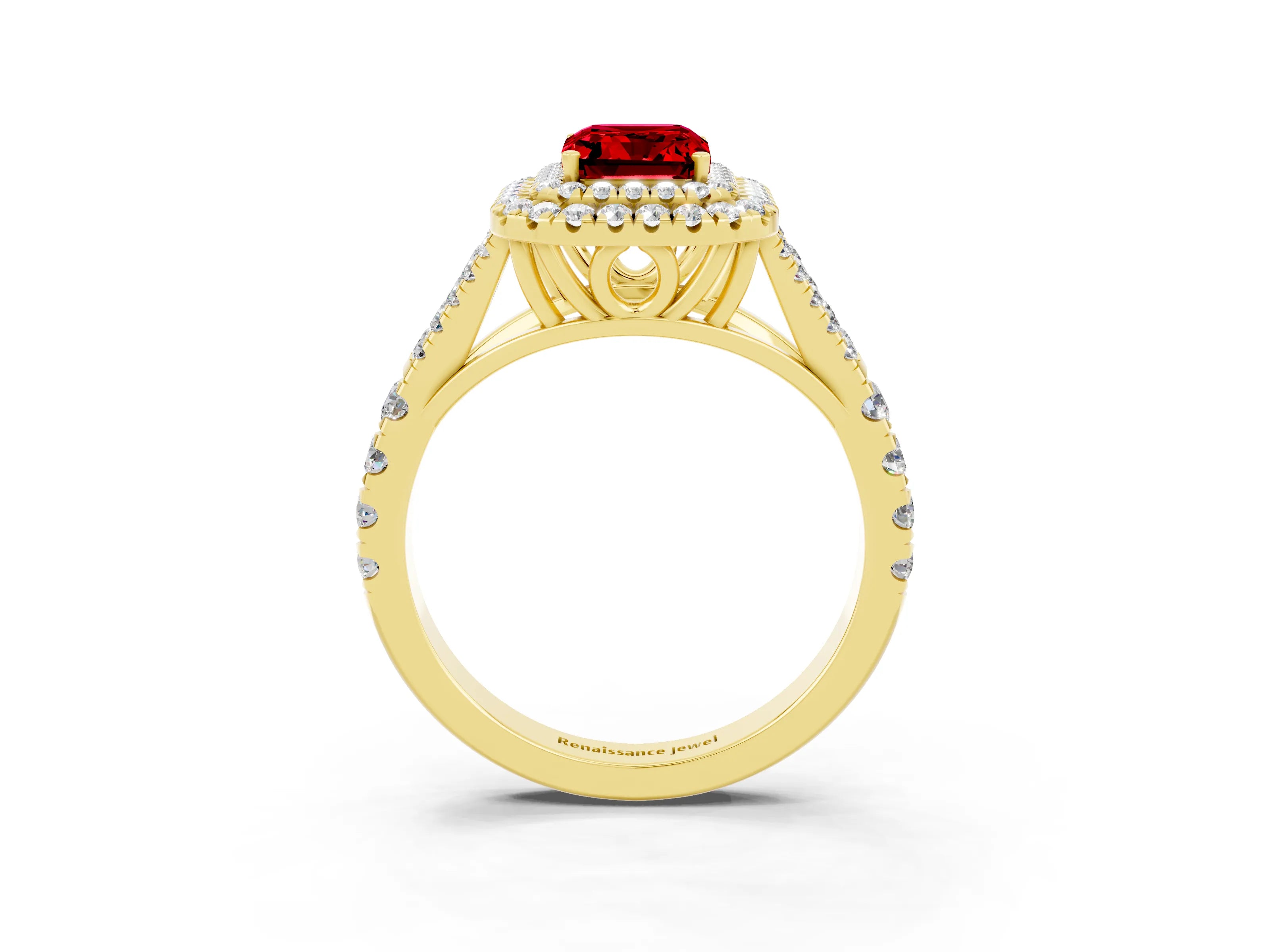 Yellow gold Double Halo Emerald Cut Ruby Pavé Split Shank Ring with Prong Setting_3