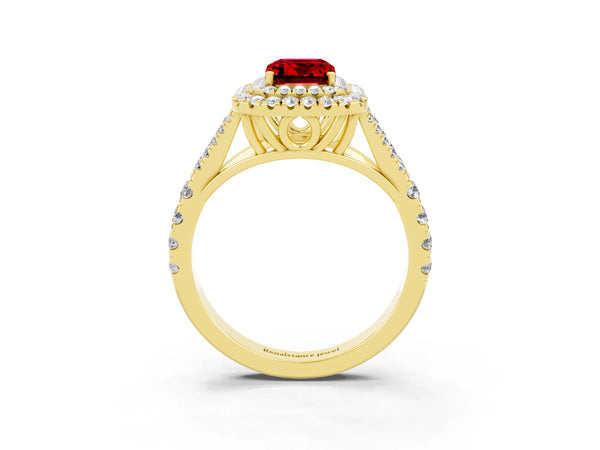 Yellow gold Double Halo Emerald Cut Ruby Pavé Split Shank Ring with Prong Setting