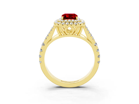 Yellow gold Double Halo Emerald Cut Ruby Pavé Split Shank Ring with Prong Setting_3