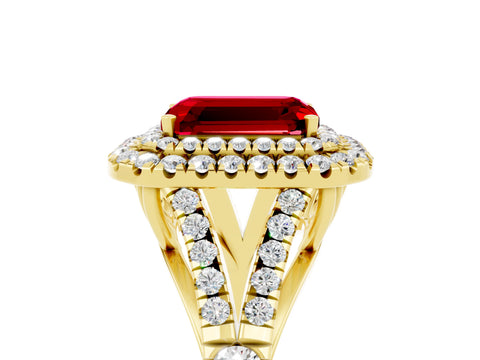 Yellow gold Double Halo Emerald Cut Ruby Pavé Split Shank Ring with Prong Setting_5