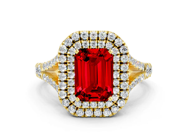 Yellow gold Double Halo Emerald Cut Ruby Split Shank Engagement Ring with Four-Prong Setting
