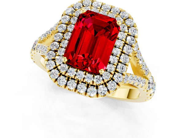 Yellow gold Double Halo Emerald Cut Ruby Split Shank Engagement Ring with Four-Prong Setting
