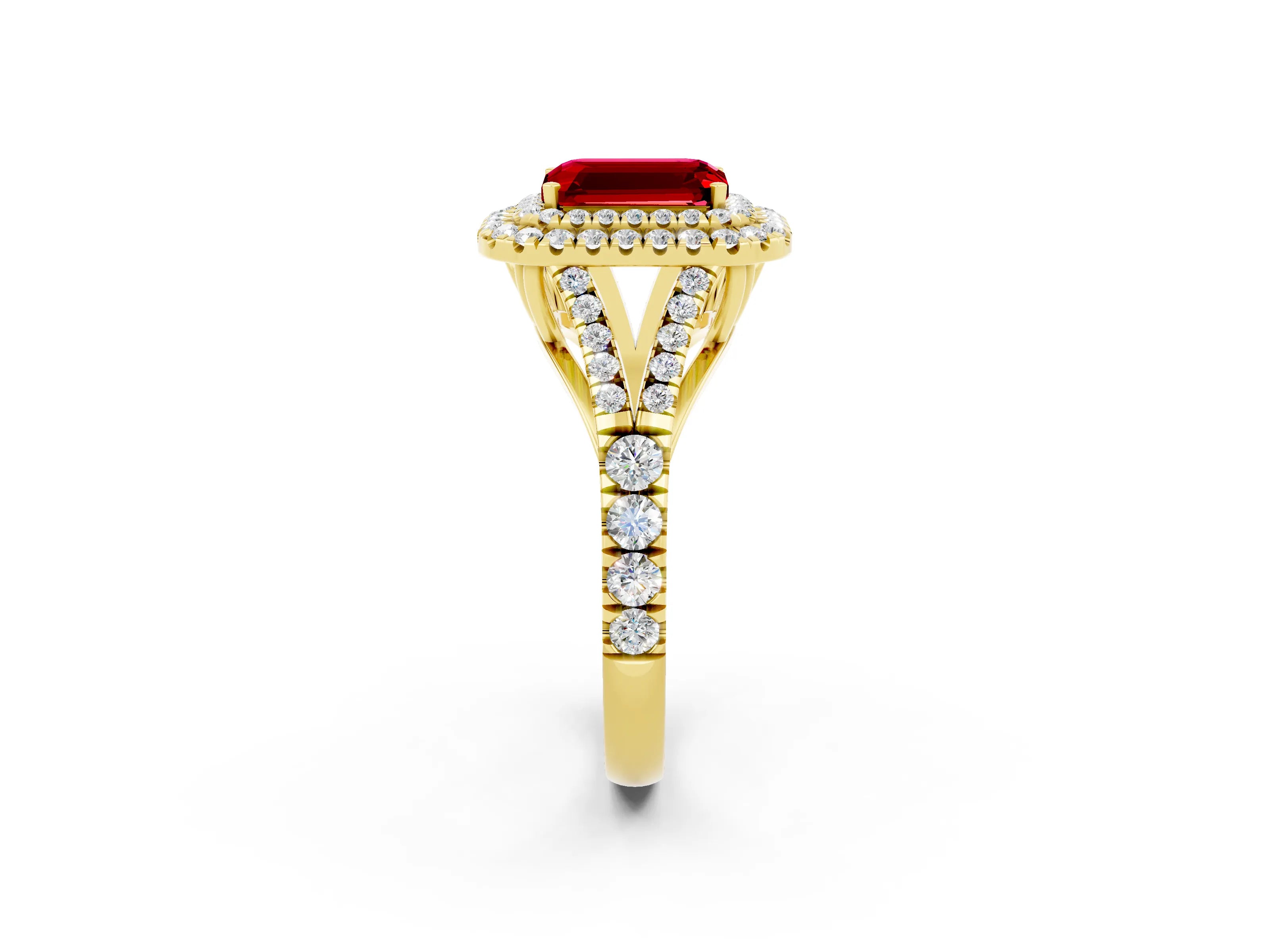 Yellow gold Double Halo Emerald Cut Ruby Split Shank Engagement Ring with Four-Prong Setting_2