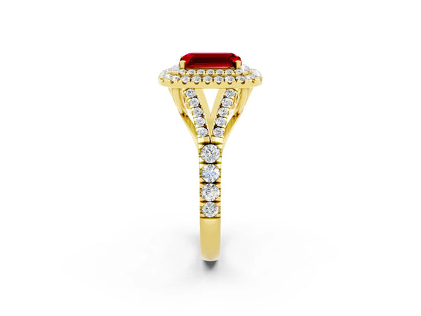 Yellow gold Double Halo Emerald Cut Ruby Split Shank Engagement Ring with Four-Prong Setting
