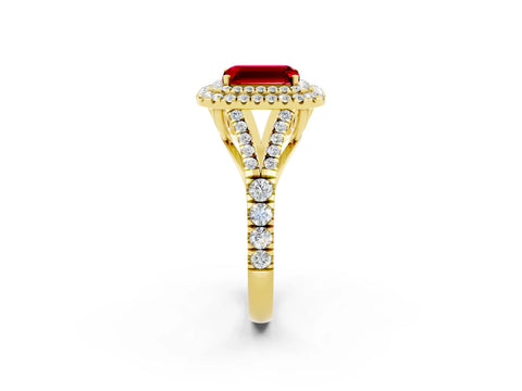 Yellow gold Double Halo Emerald Cut Ruby Split Shank Engagement Ring with Four-Prong Setting_2