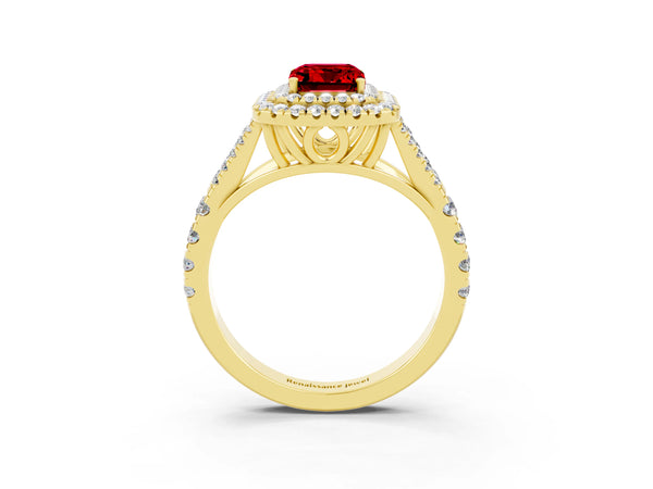 Yellow gold Double Halo Emerald Cut Ruby Split Shank Engagement Ring with Four-Prong Setting