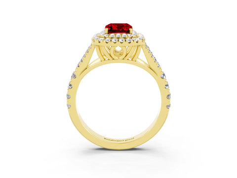 Yellow gold Double Halo Emerald Cut Ruby Split Shank Engagement Ring with Four-Prong Setting_3