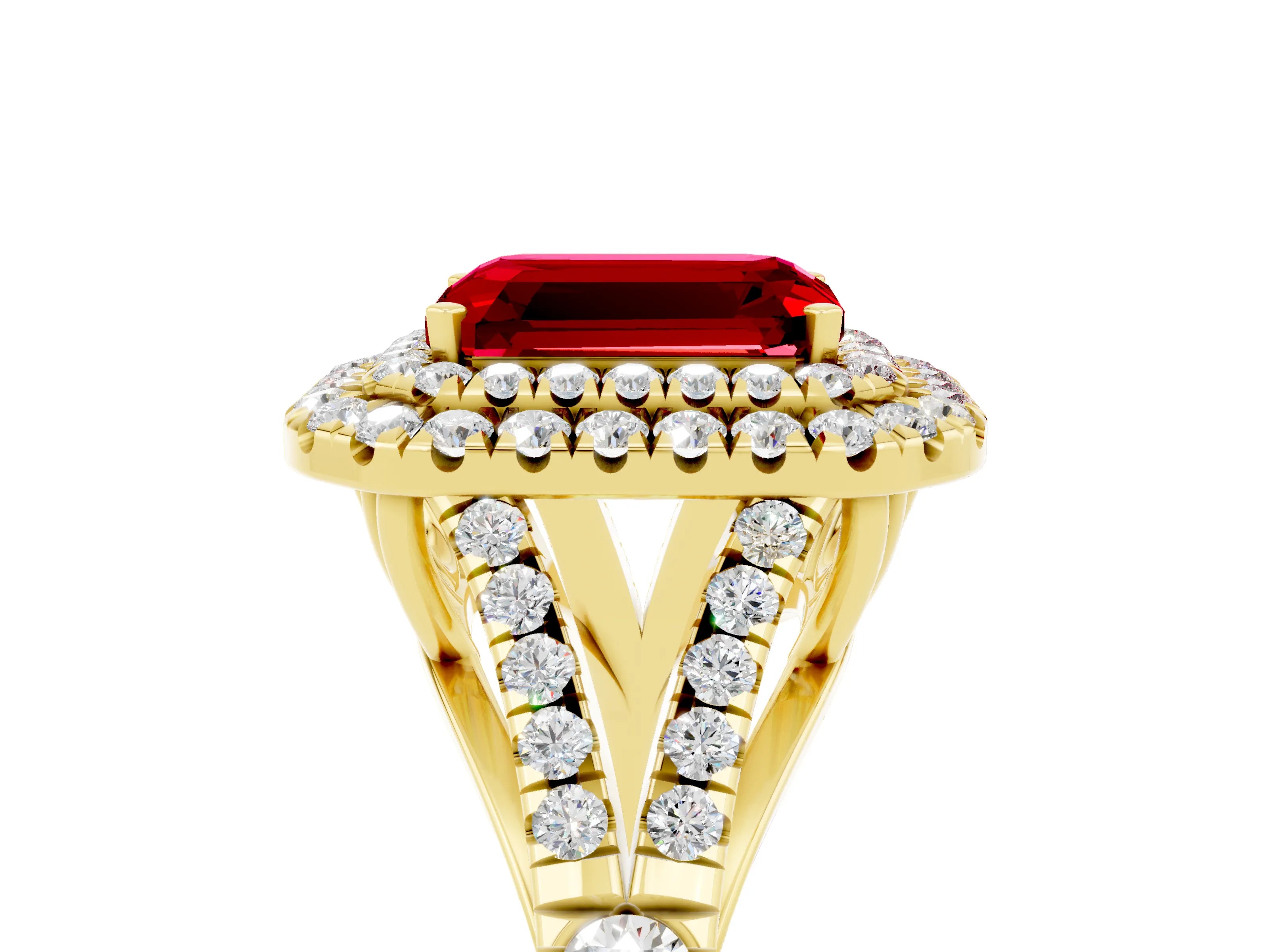 Yellow gold Double Halo Emerald Cut Ruby Split Shank Engagement Ring with Four-Prong Setting_5