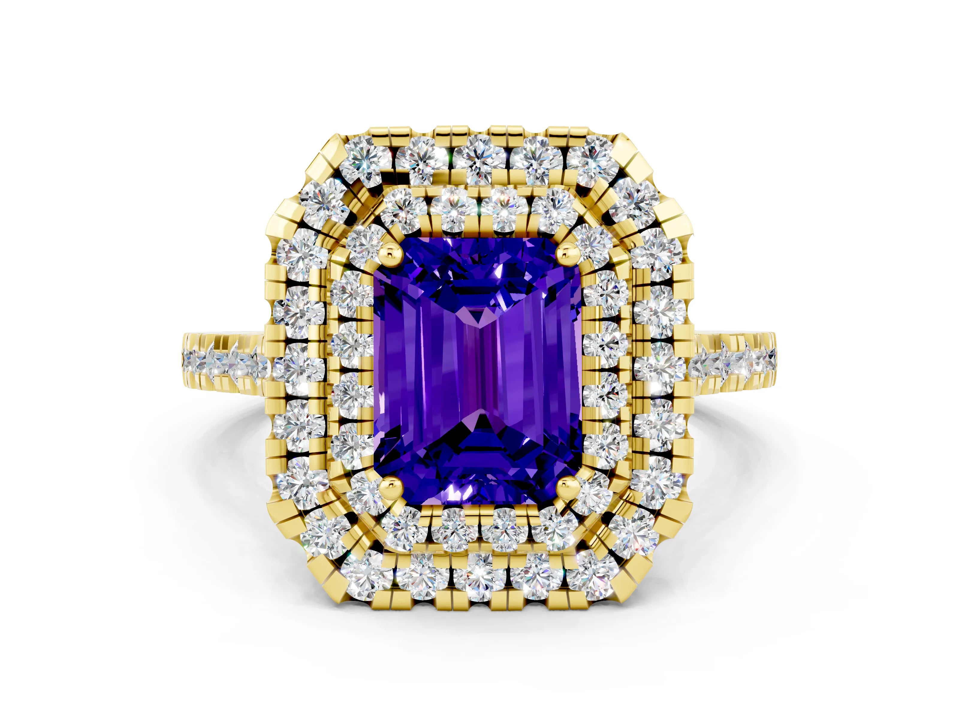Yellow gold Double Halo Emerald Cut Tanzanite Pavé Band with Four-Prong Setting