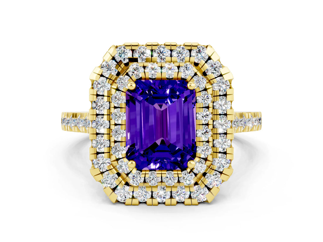 Yellow gold Double Halo Emerald Cut Tanzanite Pavé Band with Four-Prong Setting