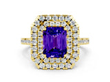 Yellow gold Double Halo Emerald Cut Tanzanite Pavé Band with Four-Prong Setting