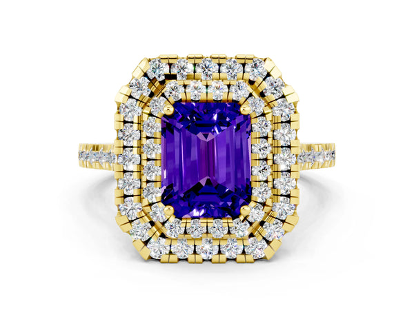 Yellow gold Double Halo Emerald Cut Tanzanite Pavé Band with Four-Prong Setting