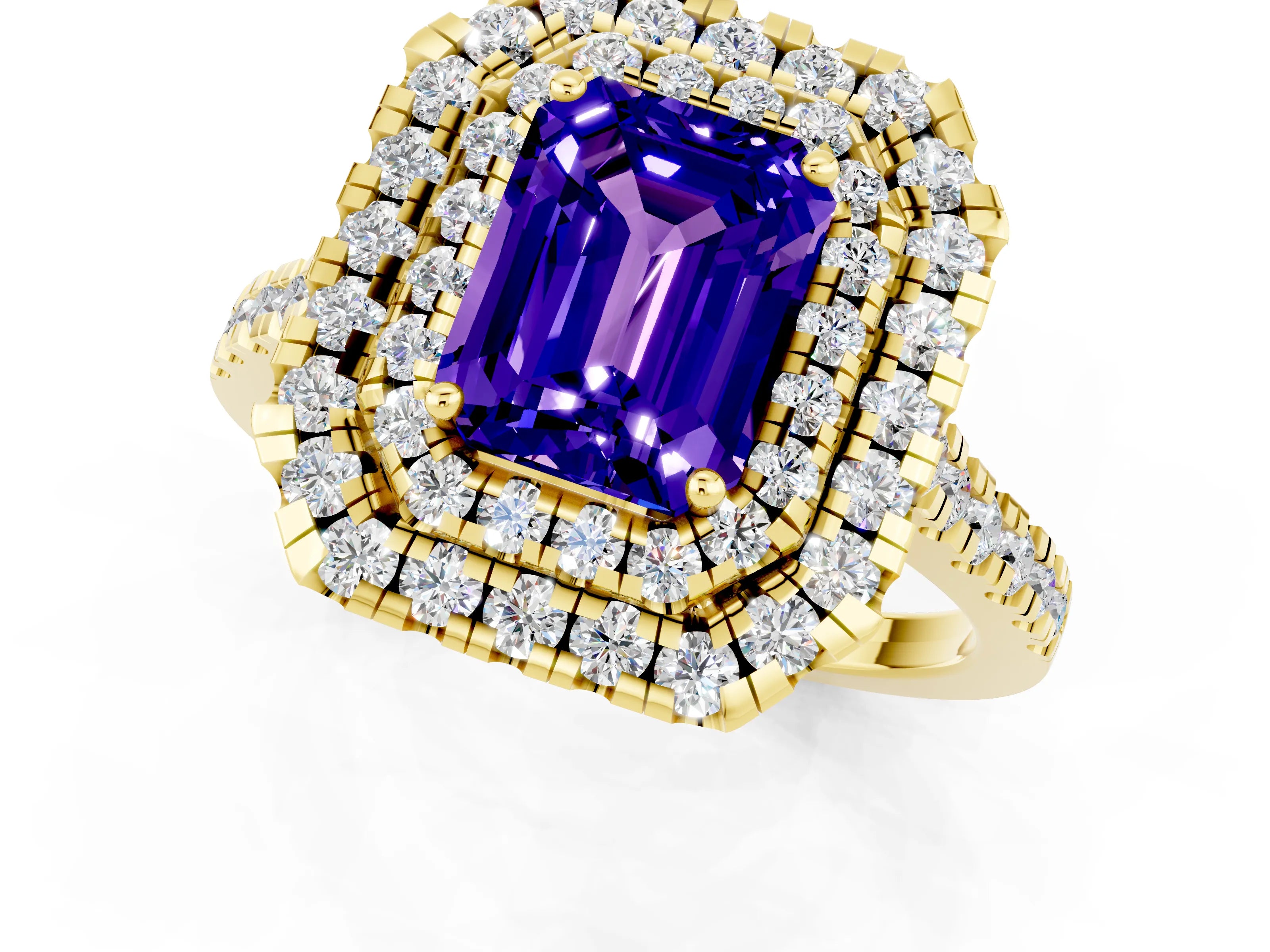 Yellow gold Double Halo Emerald Cut Tanzanite Pavé Band with Four-Prong Setting_1