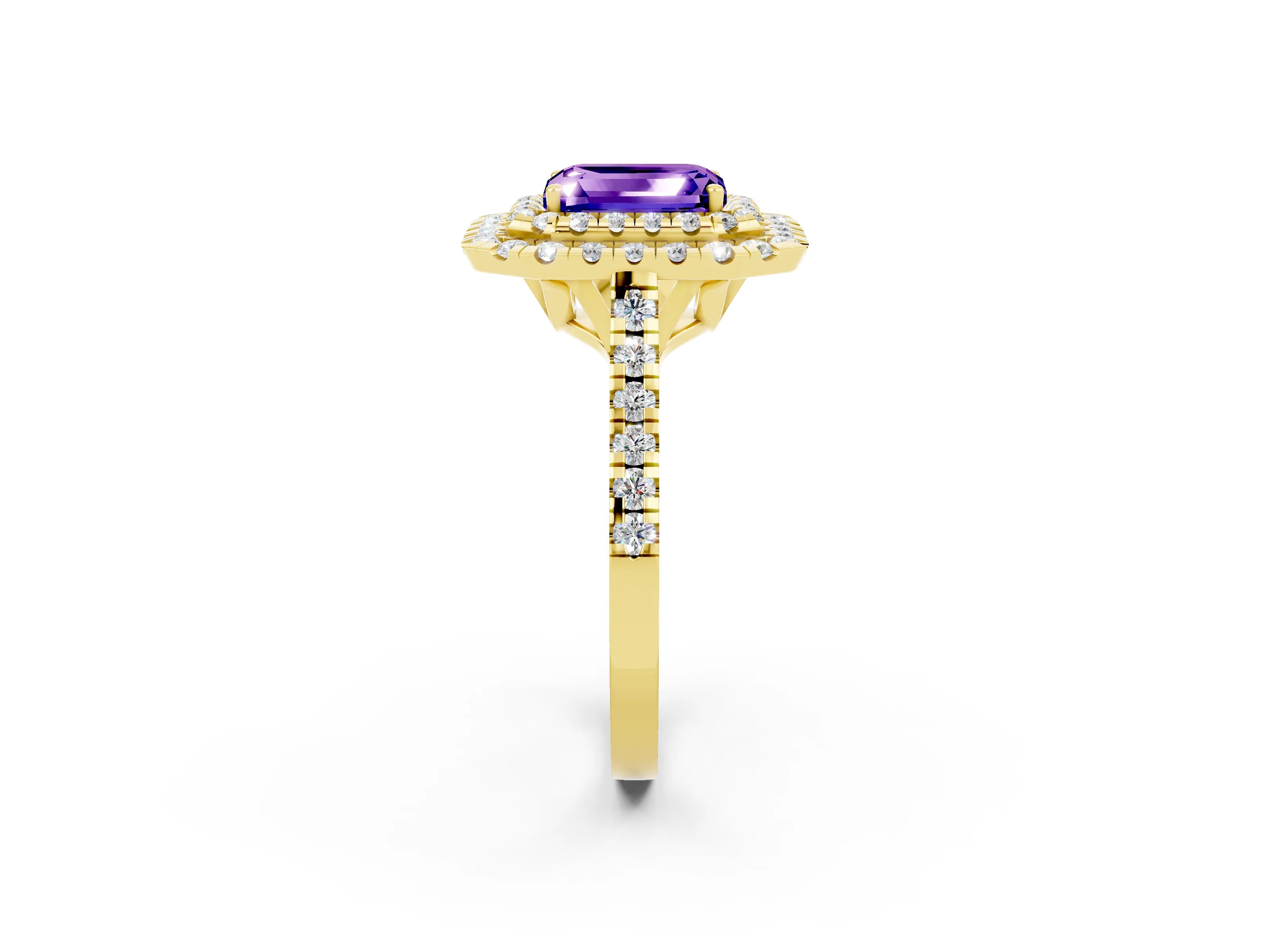 Yellow gold Double Halo Emerald Cut Tanzanite Pavé Band with Four-Prong Setting_2