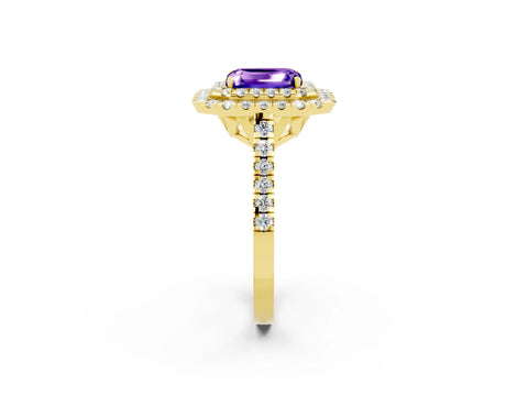Yellow gold Double Halo Emerald Cut Tanzanite Pavé Band with Four-Prong Setting_2