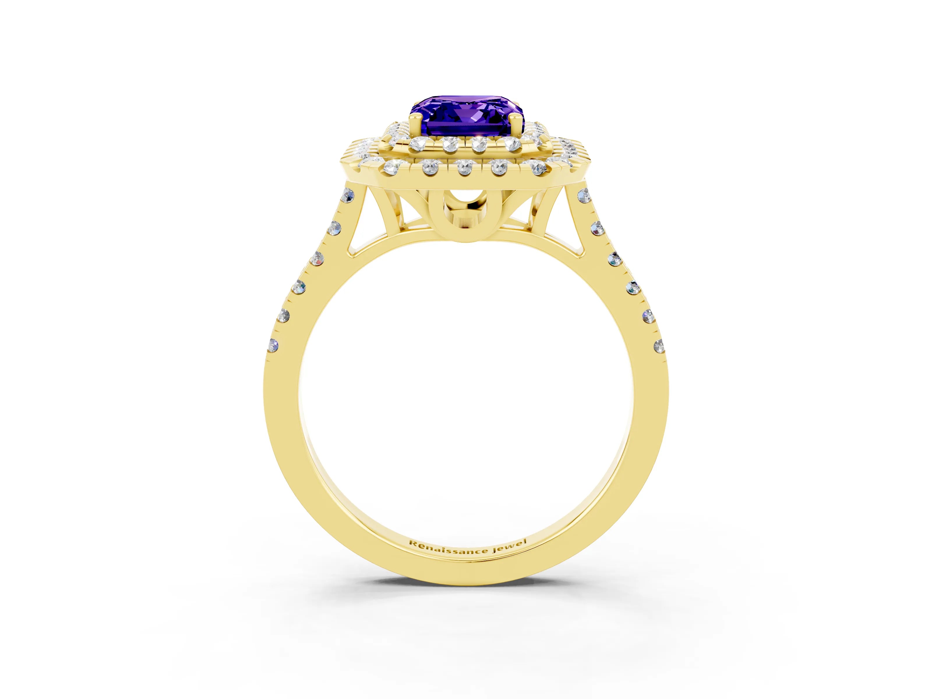 Yellow gold Double Halo Emerald Cut Tanzanite Pavé Band with Four-Prong Setting_3