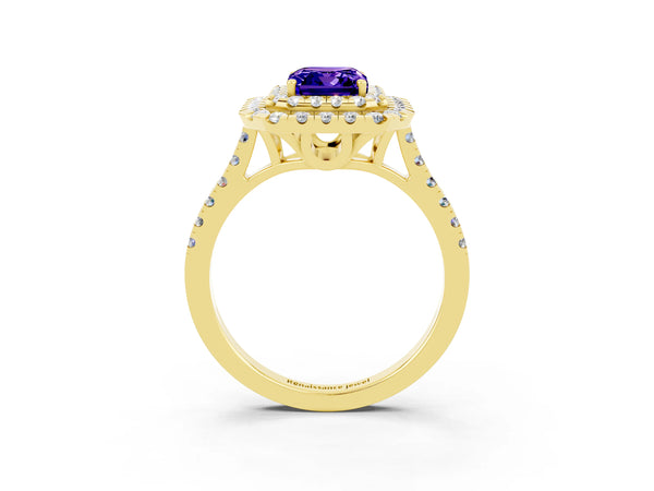 Yellow gold Double Halo Emerald Cut Tanzanite Pavé Band with Four-Prong Setting