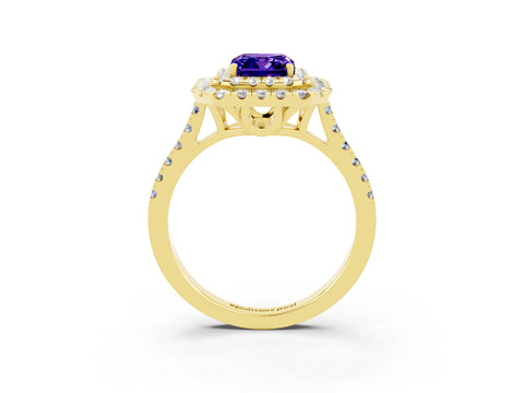 Yellow gold Double Halo Emerald Cut Tanzanite Pavé Band with Four-Prong Setting_3