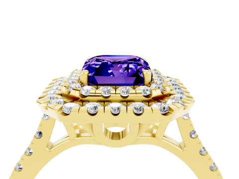 Yellow gold Double Halo Emerald Cut Tanzanite Pavé Band with Four-Prong Setting_4