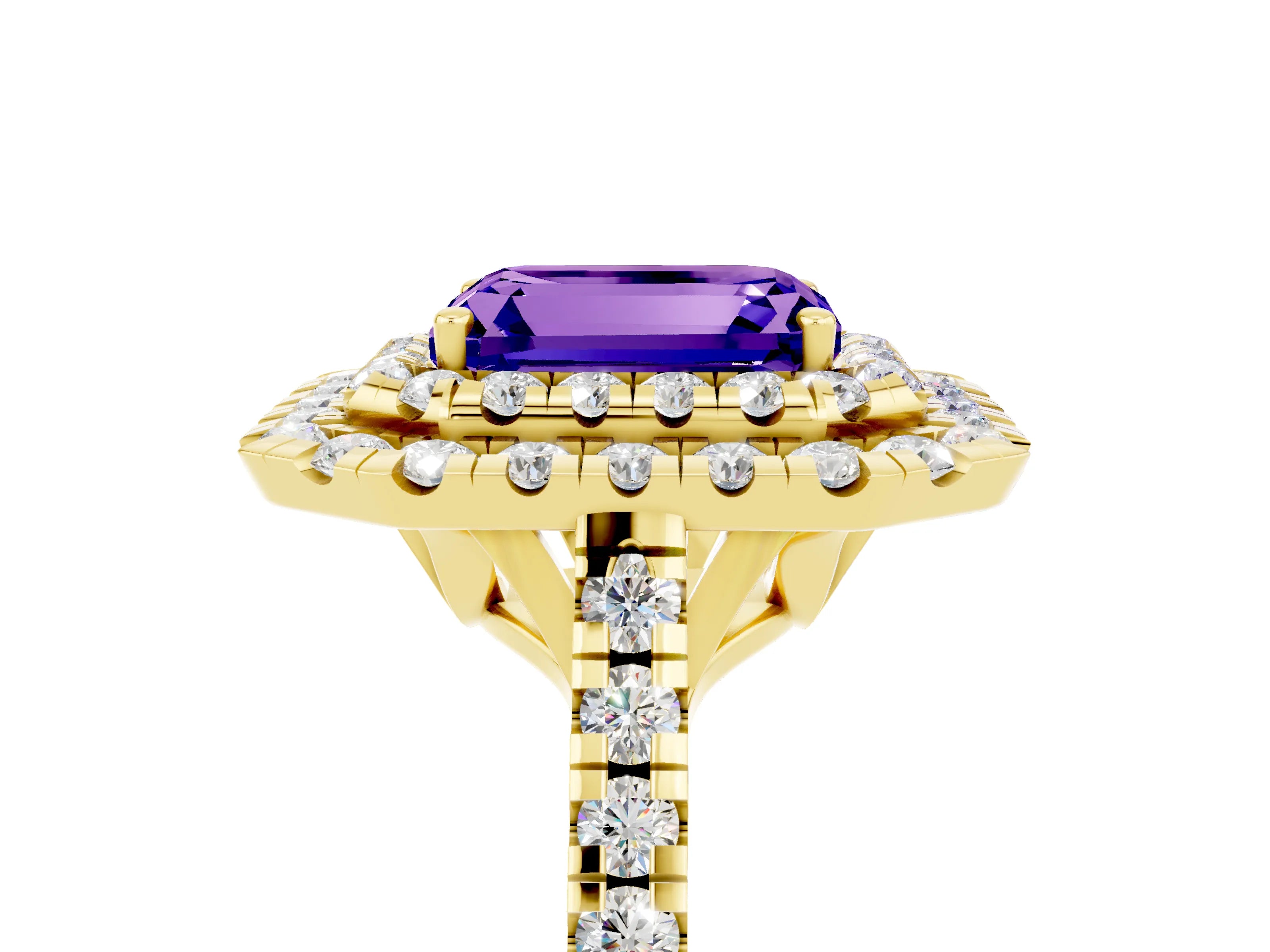 Yellow gold Double Halo Emerald Cut Tanzanite Pavé Band with Four-Prong Setting_5