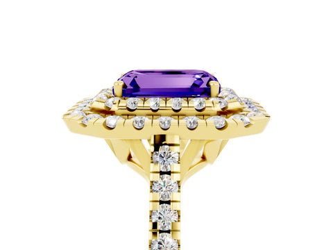 Yellow gold Double Halo Emerald Cut Tanzanite Pavé Band with Four-Prong Setting_5