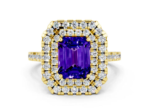 Yellow gold Double Halo Emerald Cut Tanzanite Pavé Band with Four-Prong Setting