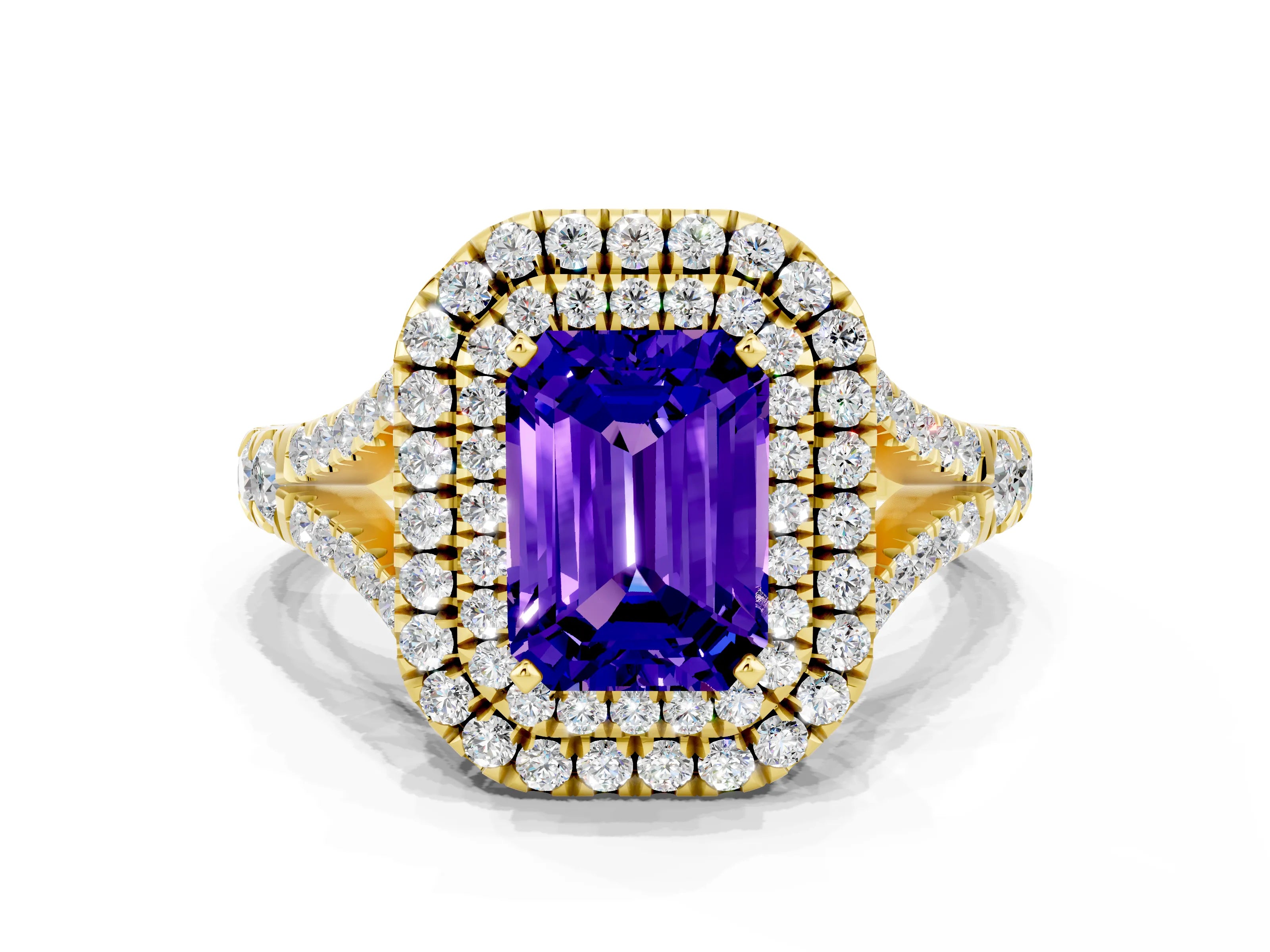 Yellow gold Double Halo Emerald Cut Tanzanite Pavé Split Shank Ring with Prong Setting