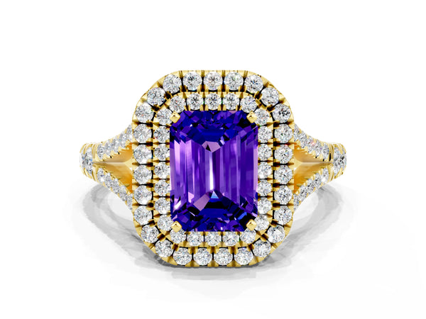 Yellow gold Double Halo Emerald Cut Tanzanite Pavé Split Shank Ring with Prong Setting