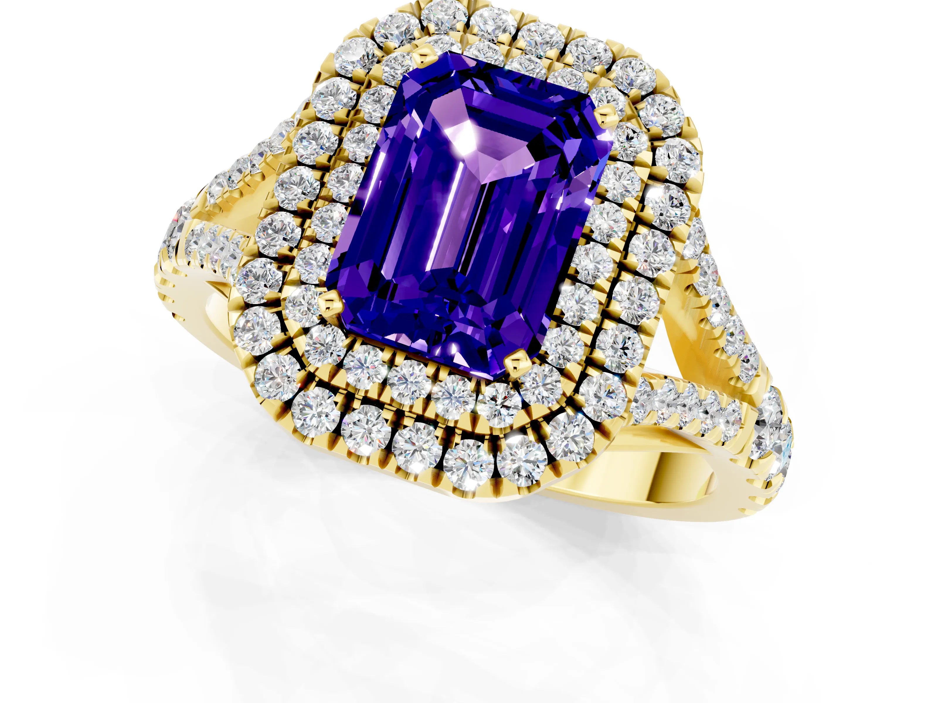 Yellow gold Double Halo Emerald Cut Tanzanite Pavé Split Shank Ring with Prong Setting_1