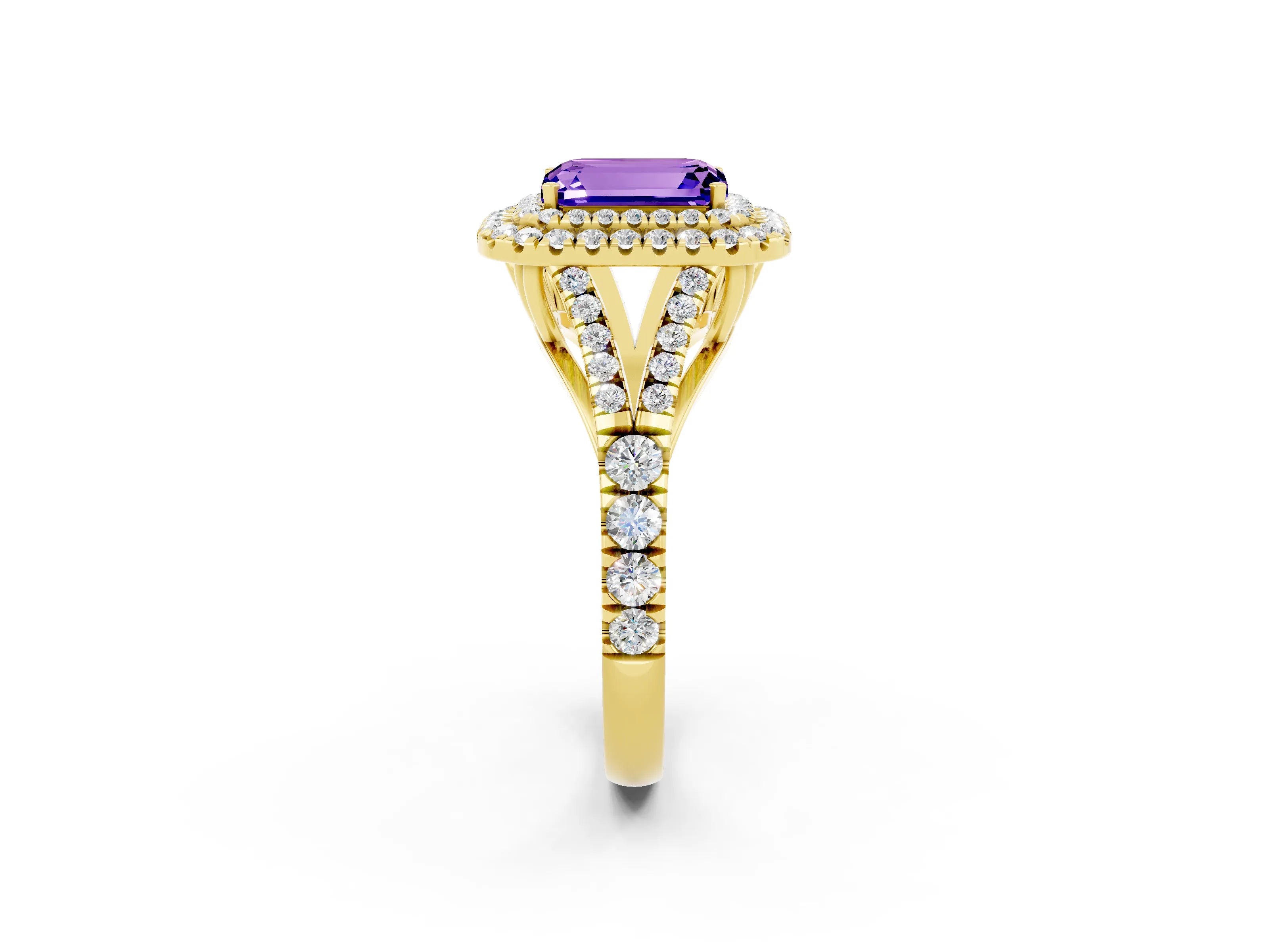 Yellow gold Double Halo Emerald Cut Tanzanite Pavé Split Shank Ring with Prong Setting_2