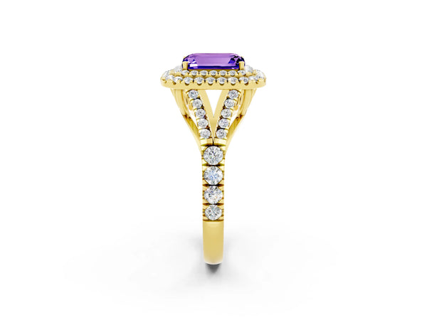 Yellow gold Double Halo Emerald Cut Tanzanite Pavé Split Shank Ring with Prong Setting