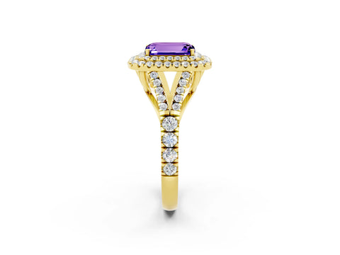 Yellow gold Double Halo Emerald Cut Tanzanite Pavé Split Shank Ring with Prong Setting_2