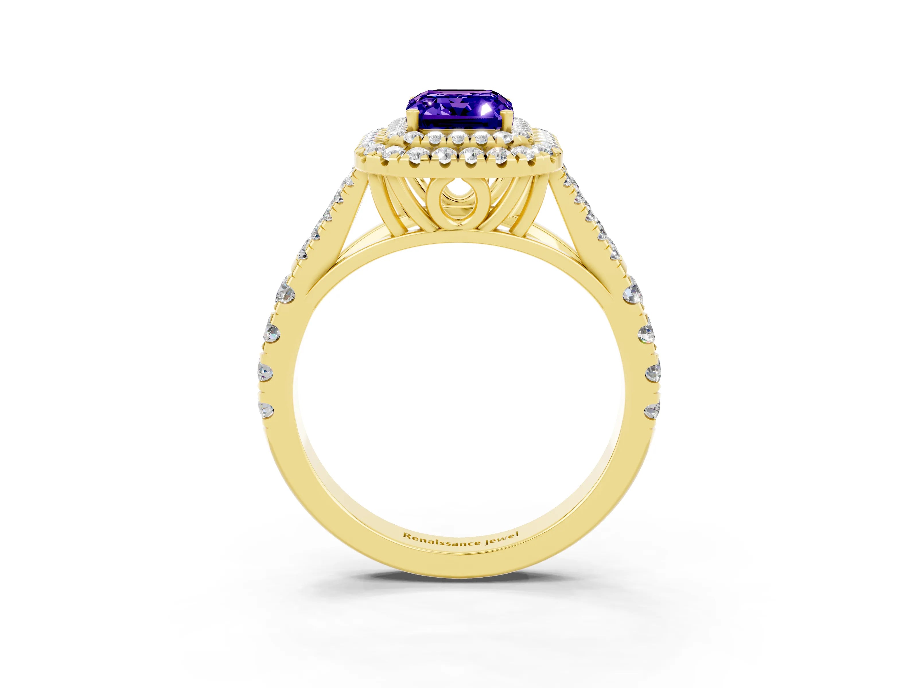 Yellow gold Double Halo Emerald Cut Tanzanite Pavé Split Shank Ring with Prong Setting_3