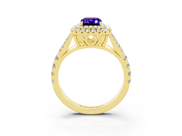 Yellow gold Double Halo Emerald Cut Tanzanite Pavé Split Shank Ring with Prong Setting