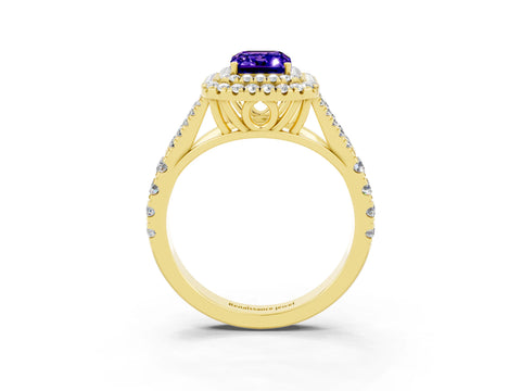 Yellow gold Double Halo Emerald Cut Tanzanite Pavé Split Shank Ring with Prong Setting_3