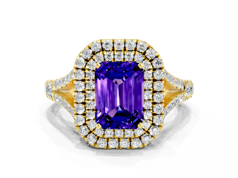 Yellow gold Double Halo Emerald Cut Tanzanite Pavé Split Shank Ring with Prong Setting