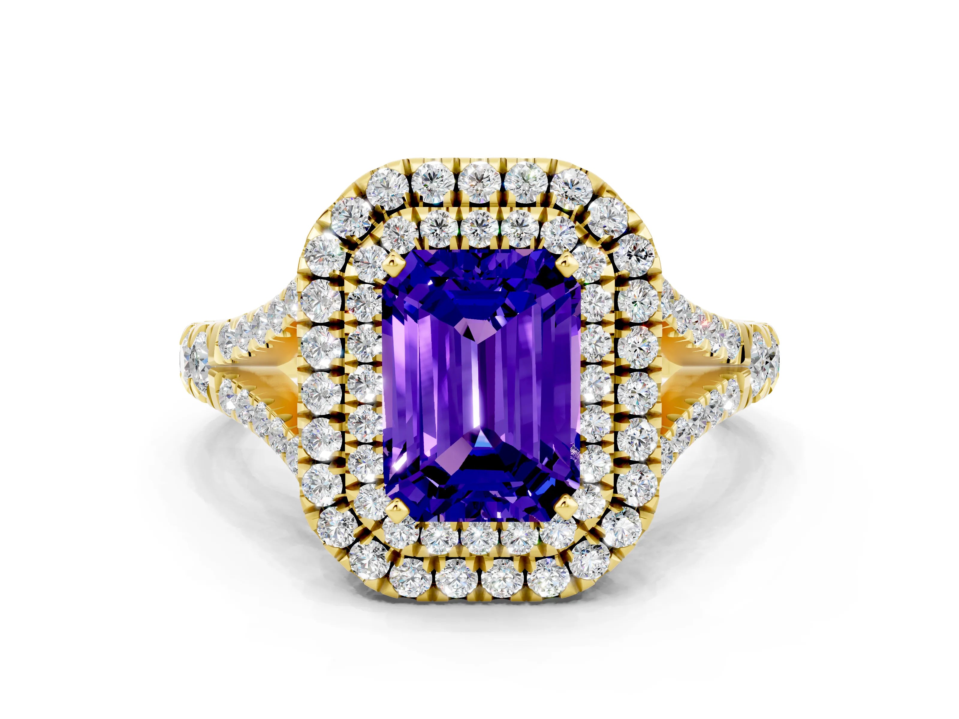 Yellow gold Double Halo Emerald Cut Tanzanite Split Shank Engagement Ring with Four-Prong Setting